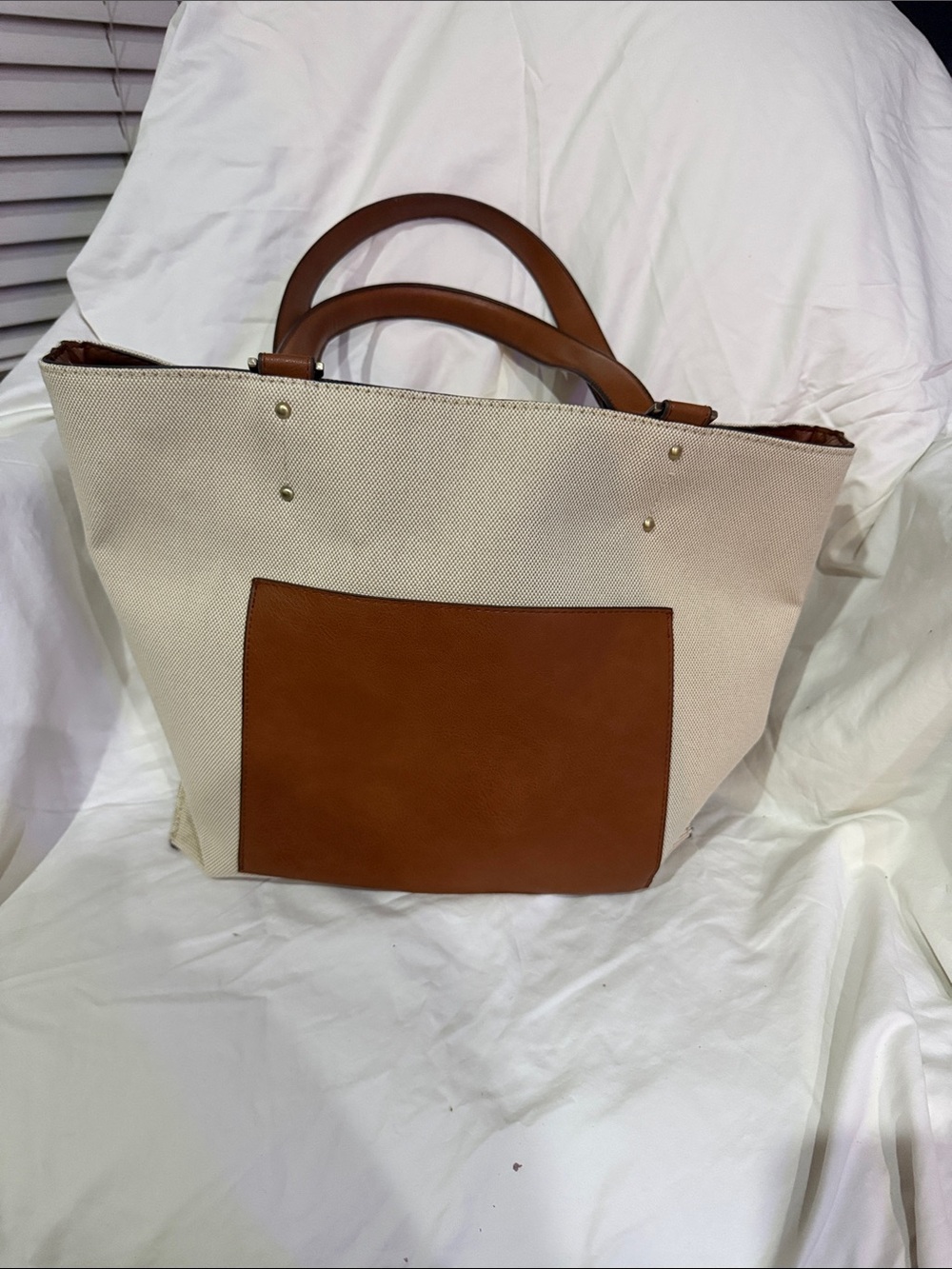 Canvas Tote Bag with Brown Leather Pocket and Handles